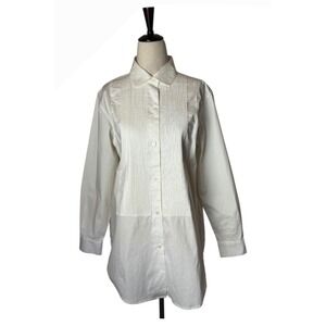 Arleen Bowman Shirt Women Small White Cotton Tuxedo Pleat Long Sleeve Button Up